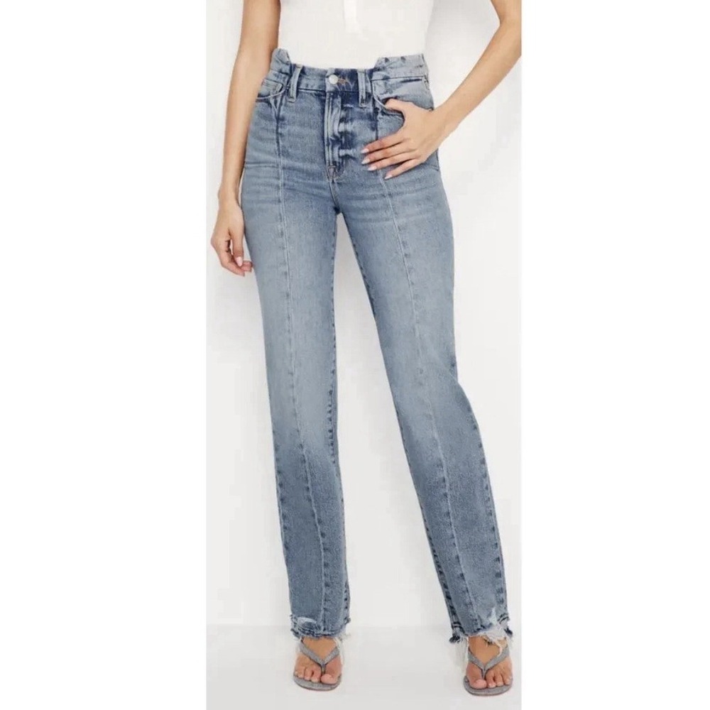 Good‎ American Good Boy Straight Leg Jeans Blue Seamed Distressed Raw Hem 15